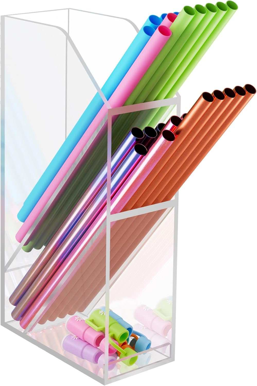 NiHome Straw Holder for Kitchen Cabinet Door, Large Capacity Dual Compartments for 10-12 Inch Straws, Angled Design for Easy Access, Extra Bottom Storage for Caps, Horizontal or Vertical Placement
