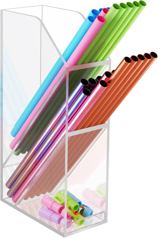 NiHome Straw Holder for Kitchen Cabinet Door, Large Capacity Dual Compartments for 10-12 Inch Straws, Angled Design for Easy Access, Extra Bottom Storage for Caps, Horizontal or Vertical Placement
