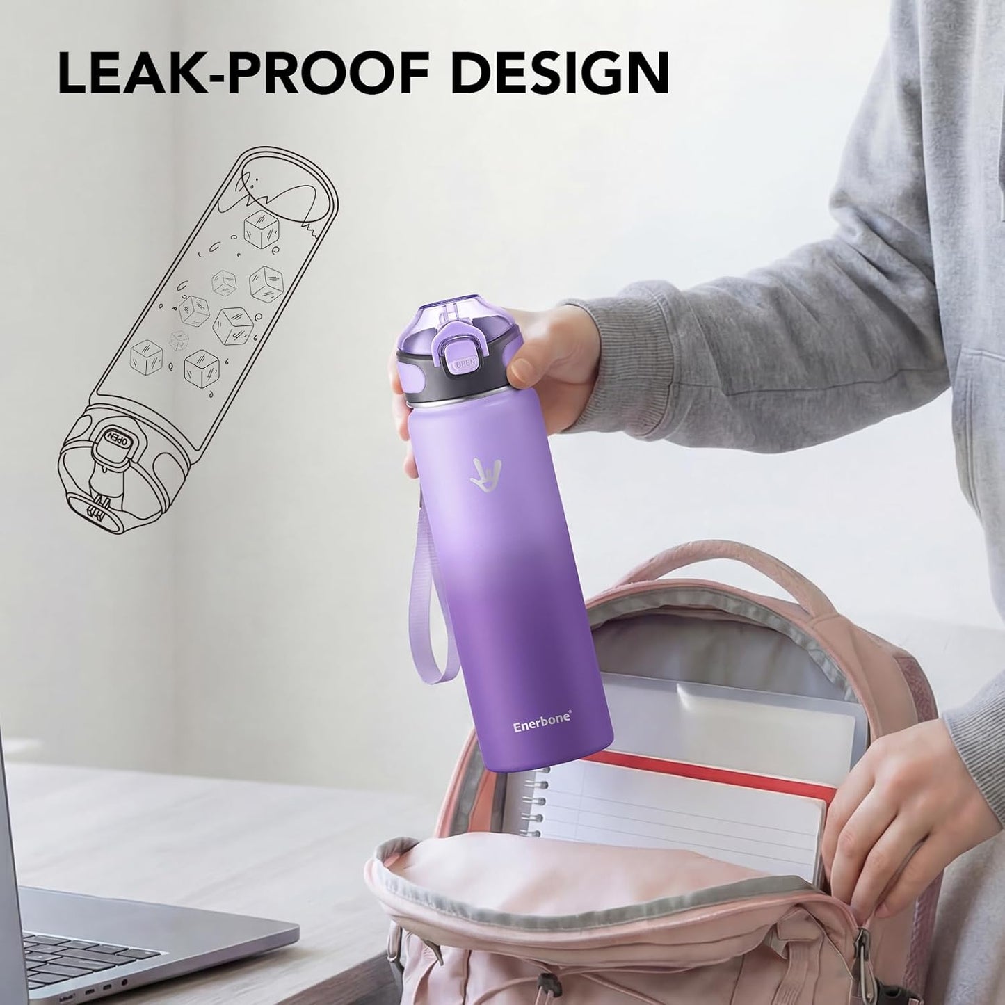 Enerbone 24 oz Insulated Water Bottle, Stainless Steel Bottle with Carrying Strap, Double-Wall Vacuum Insulation Design, Leakproof Sports Bottle with Straw, Keep Drinks Cold or Hot for Hours