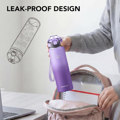 Enerbone 24 oz Insulated Water Bottle, Stainless Steel Bottle with Carrying Strap, Double-Wall Vacuum Insulation Design, Leakproof Sports Bottle with Straw, Keep Drinks Cold or Hot for Hours