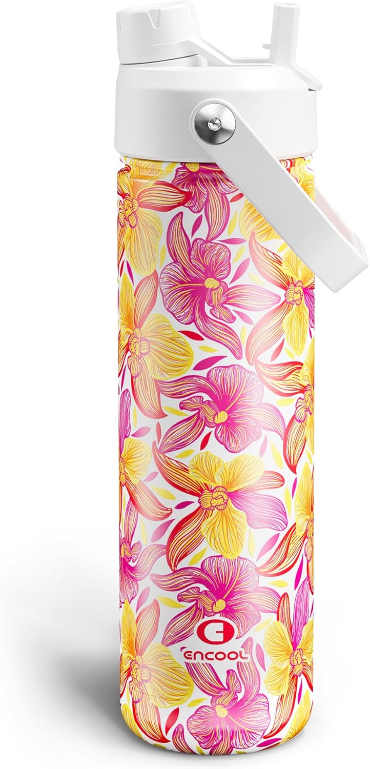 ENCOOL Insulated Water Bottle with Straw Stainless Steel Water Bottle, Leak-Proof, BPA-Free, Double Wall Vacuum Keeps Cold for 24 Hours for Sports, Travel, School (26 oz, Cotton Candy) - Colors A