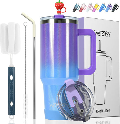 40 oz Tumbler with Handle,Tumbler with Lid and Straw,Double Wall Insulated Cup Stainless Steel Travel Mug(Cold for 34 Hours),Water Bottle for Iced Tea,Coffee,Cold Beverages(Purple)