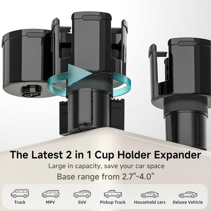 TYKOR Car Cup Holder Expander, 2 in 1 Cup Holder Extender Adapter with Expandable Base, Fits Yeti, Hydroflask, Large Water Bottles 10-46 OZ