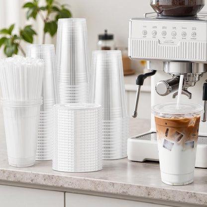 Lamosi 100 Pack 16 oz Clear Plastic Cups with Lids and Straws, Disposable Plastic Coffee Cups with Lids for Iced Coffee, Cold Beverages, Smoothies and To-Go Drinks