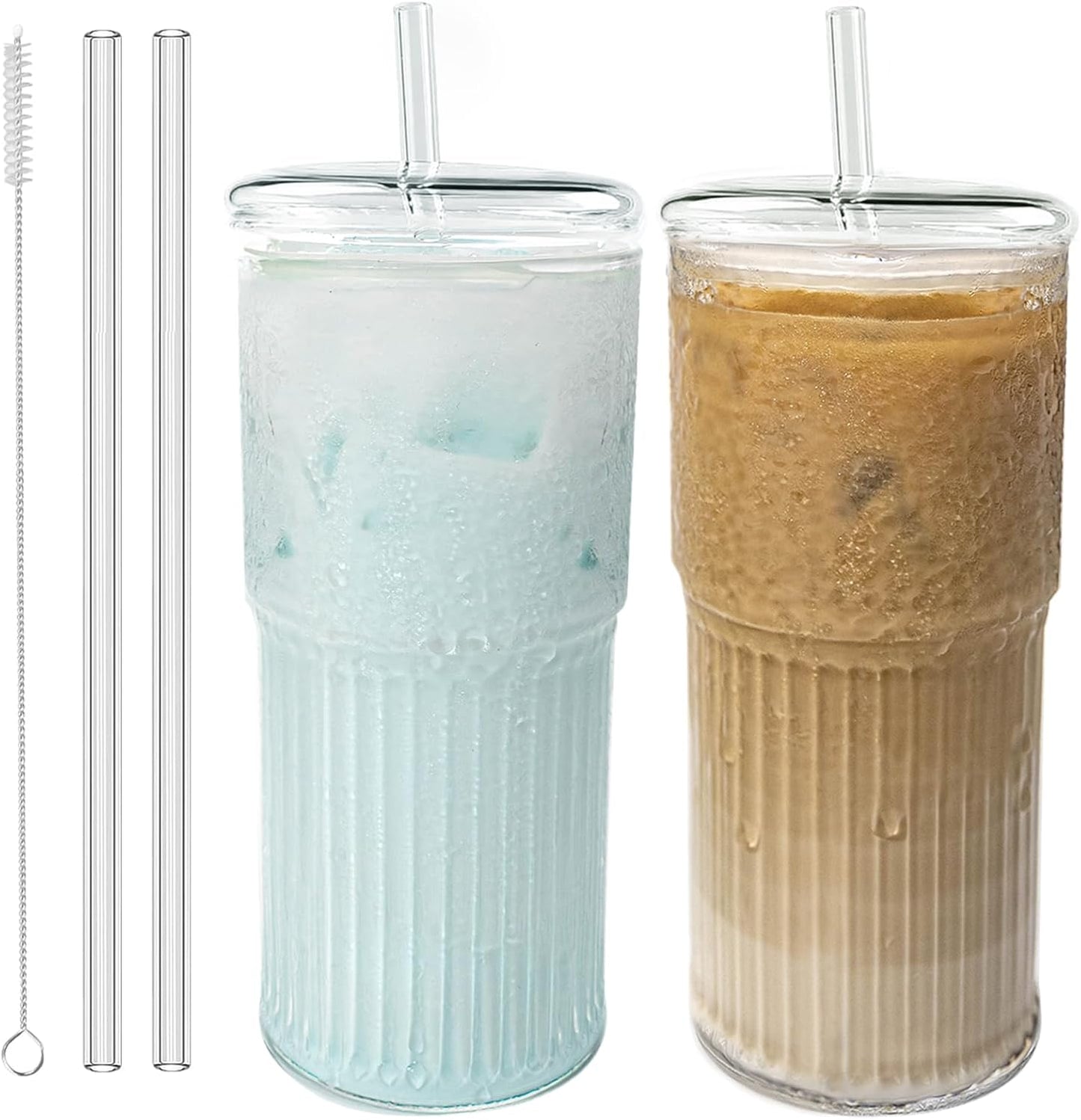 Luiaiog 20 oz Glass Cups with Lids and Straws – Single Reusable Tumbler, Thickened Shatter-Resistant Glass, Ideal for Iced Coffee, Smoothies, Cocktails, Juices – Elegant & Durable Drinkware