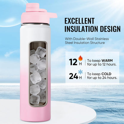 Fijinhom 24 oz Insulated Water Bottle with Handle, 304 Stainless Steel Water Bottles with Wide Mouth, Double Wall Vacuum Sports Water Bottle, BPA Free, Keep Cold and Hot, Black | with Handle