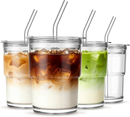 INSETLAN 13oz Portable Glass Tumblers Set of 2, Thick Wall Glass Cups with Lid and Glass Straw, On-the-Go Coffee Cups for Iced Coffee, Tea, Milk, Hot & Cold Drinks, Travel & Daily Use