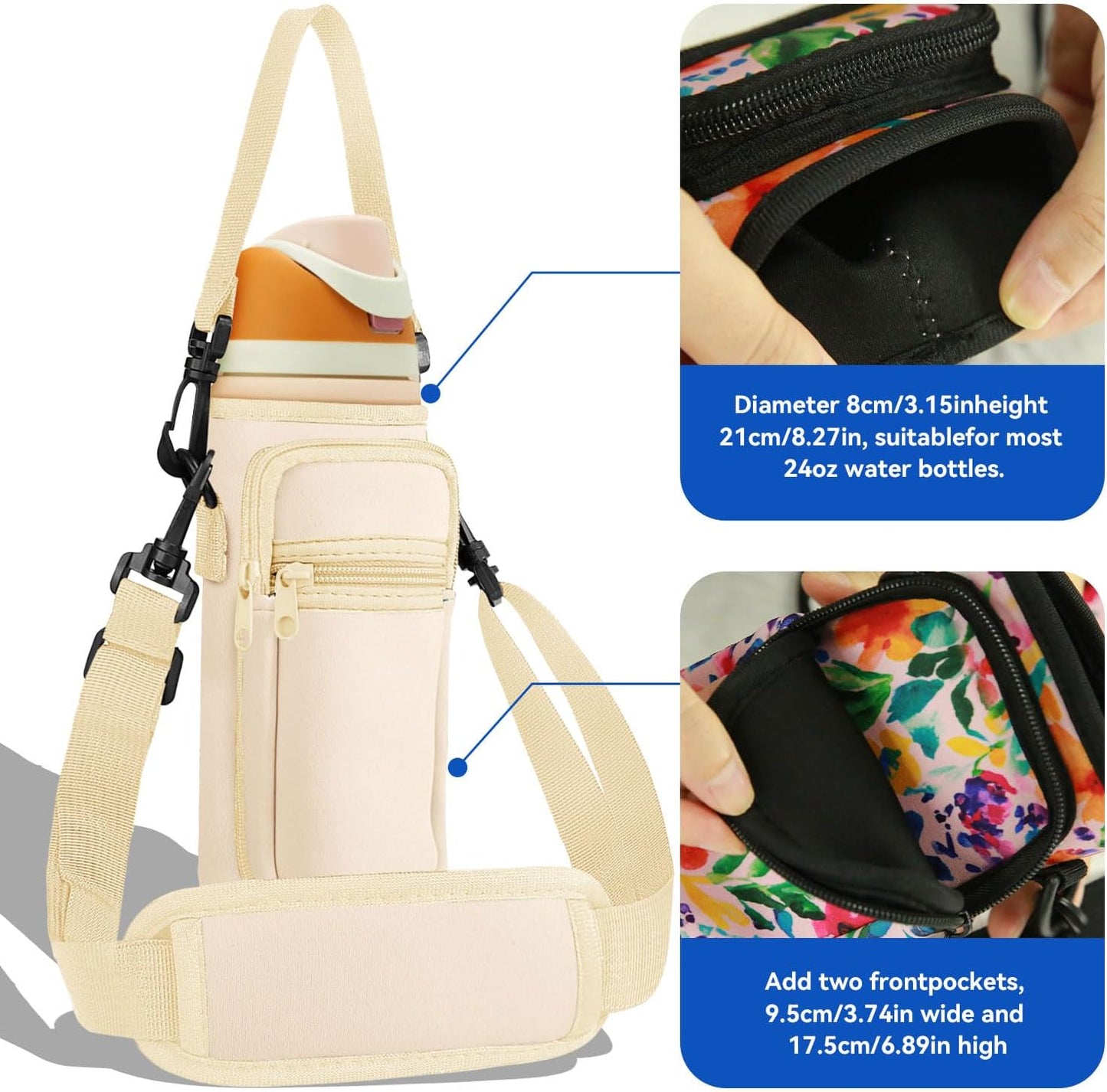 Neoprene Water Bottle Holder Bag with Cell Phone Pocket Compatible with Owala FreeSip 24 oz，Water Bottle Carrying Bag ，with Adjustable Shoulder Strap,for 24oz Stainless Steel Water Bottle