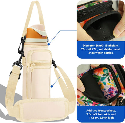 Neoprene Water Bottle Holder Bag with Cell Phone Pocket Compatible with Owala FreeSip 24 oz，Water Bottle Carrying Bag ，with Adjustable Shoulder Strap,for 24oz Stainless Steel Water Bottle