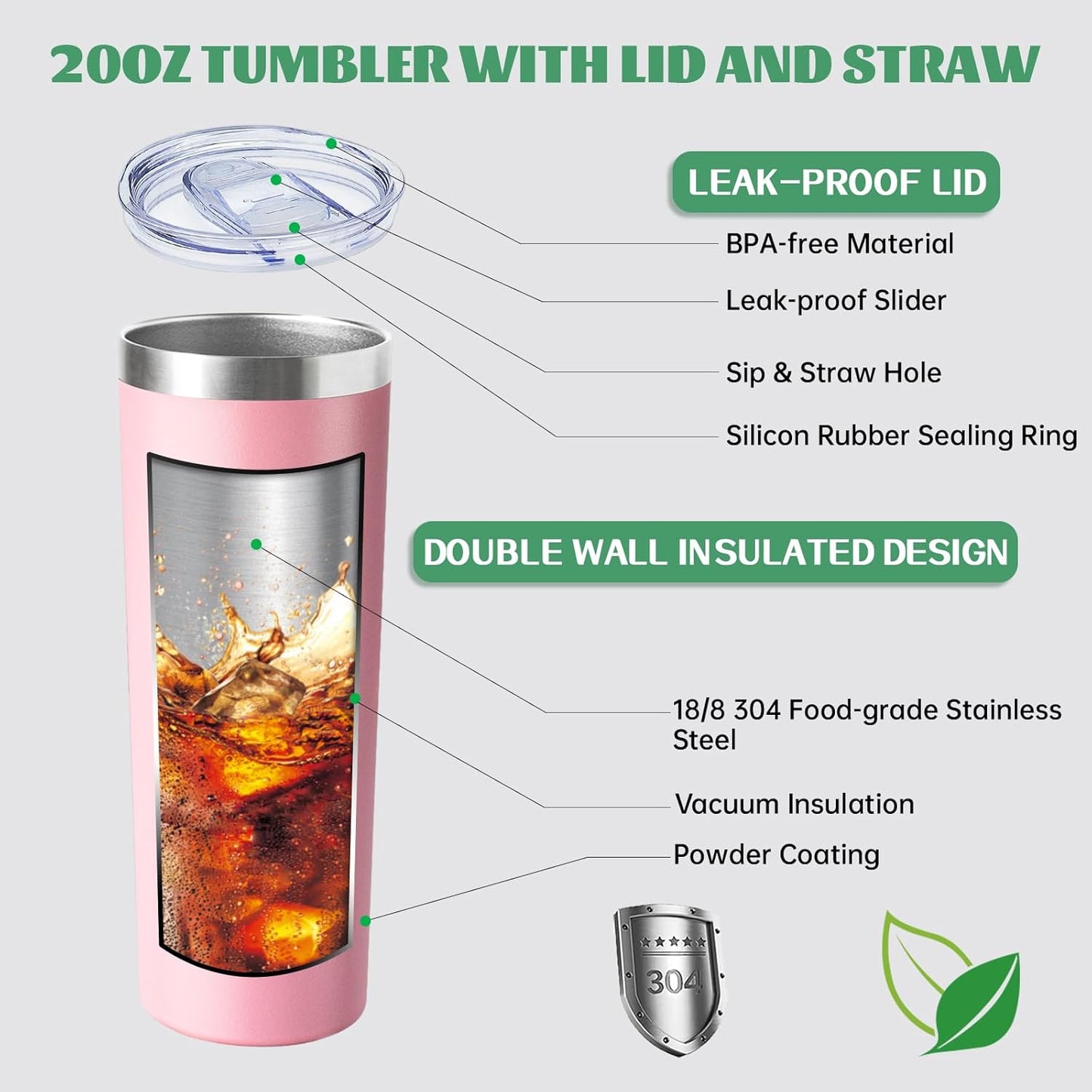 20 oz Skinny Tumblers with Lid and Straw,Stainless Steel Vacuum Insulated Tumbler Cup Double Wall Travel Coffee Mug, Thermal Water Tumbler for Hot and Cold Drinks(Rose Gold,1)