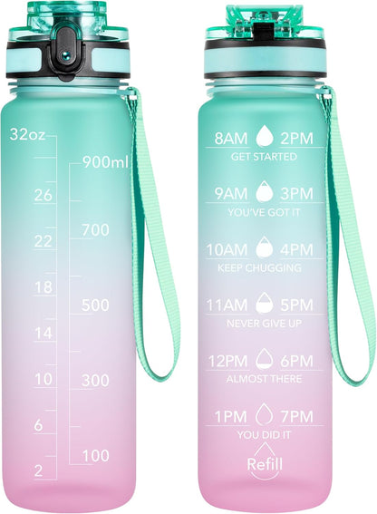 OLDLEY Water Bottle, 32oz Motivational Sports Water Bottle with Time Marker - Times to Drink - Tritan, BPA Free, Wide Mouth Leakproof, Clear (1 Bottle)