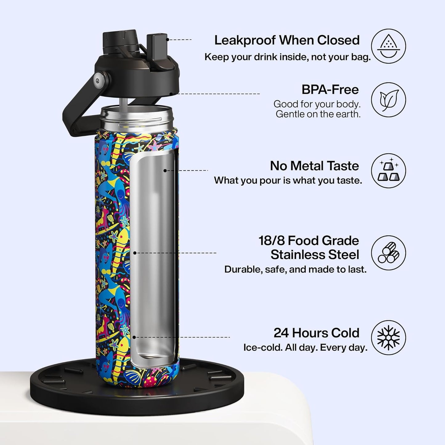 ENCOOL Insulated Water Bottle with Straw Stainless Steel Water Bottle, Leak-Proof, BPA-Free, Double Wall Vacuum Keeps Cold for 24 Hours for Sports, Travel, School (26 oz, Cotton Candy) - Colors D