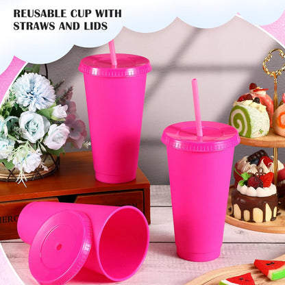 Uiifan 6 Pcs 24 oz Reusable Tumbler with Lids and Straws Plastic Iced Coffee Tumbler Glitter Travel Mug Cup for Smoothie Juices Birthday Party Cold Drink Coffee Cup Bulk for Adult Kid Women (Clear)