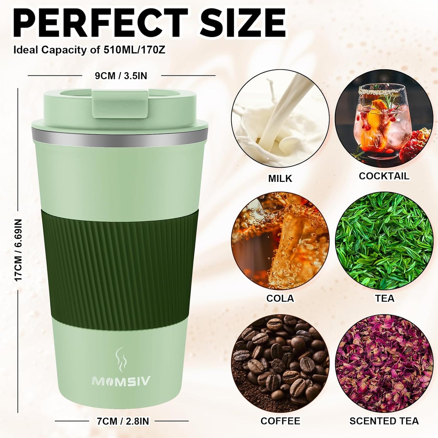 MOMSIV 12oz Travel Mug, Insulated Coffee Cup with Leakproof Lid, Travel Coffee Mug Vacuum Stainless Steel Double Walled Reusable Coffee Cup for Hot and Cold Water Coffee