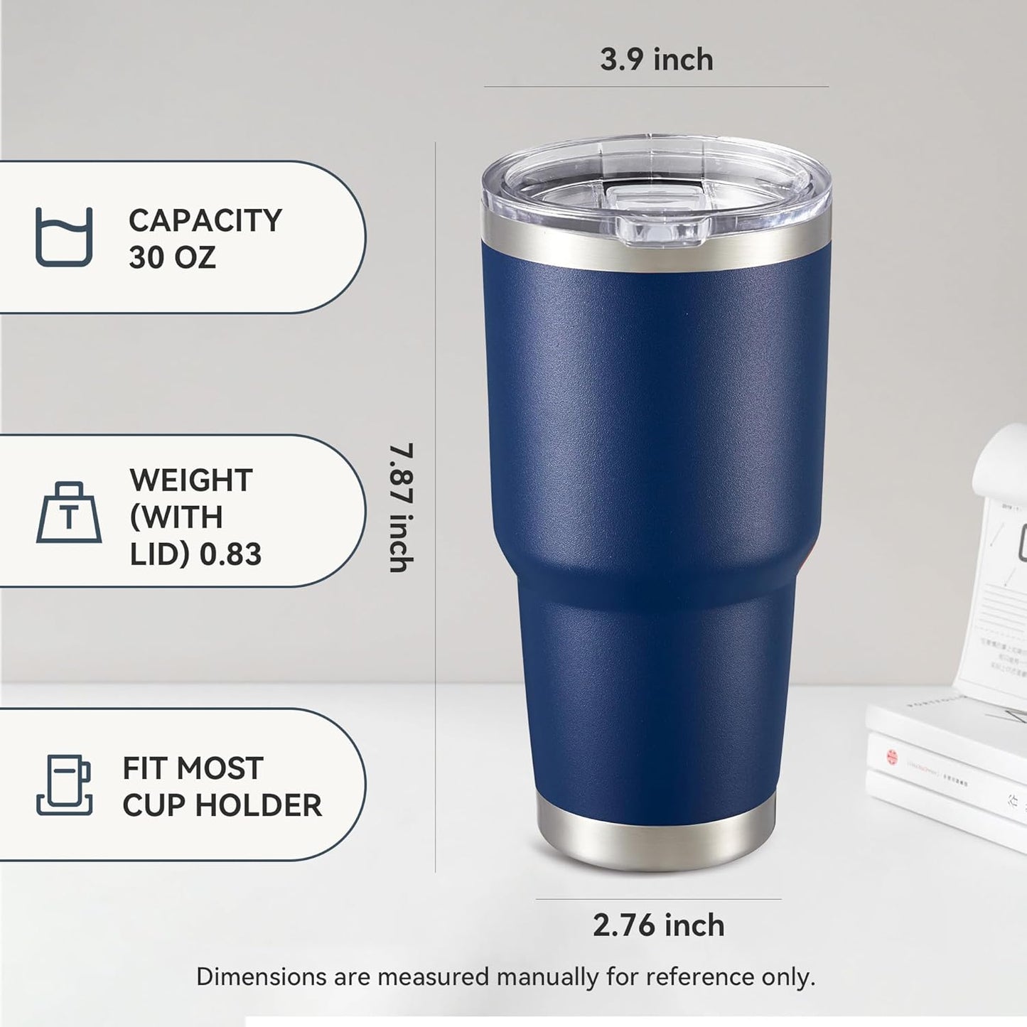 30 oz Tumbler with Lid Stainless Steel Tumblers Vacuum Insulated Cup Reusable Powder Coated Travel Mug Double Wall Leak Proof Portable Cups Keep Cold Drinks for 12 Hours, Stainless, 1 Pack