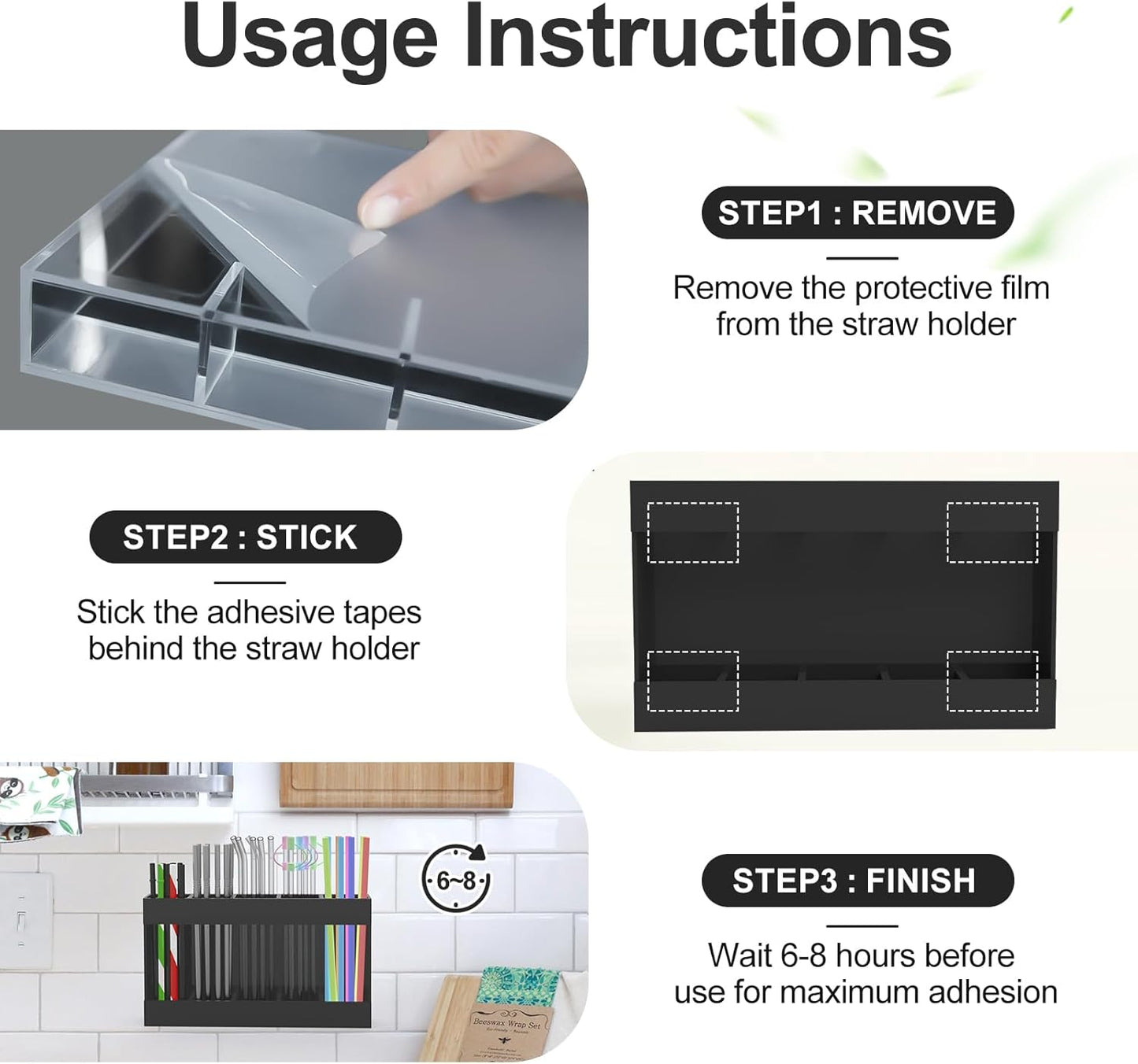 9.5” Large Acrylic Straw Holder for Cabinet Door with Detachable Ultra Sticky Adhesive Squares and Stickers, 2026 Reusable Straws Organizer Storage Dispenser for Kitchen Counter Cupboard