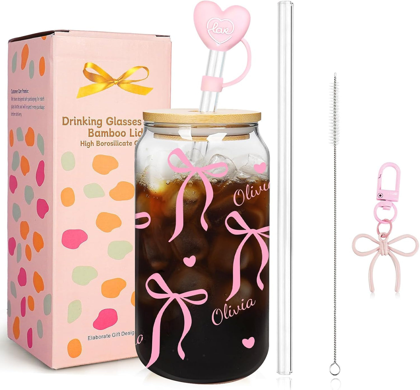Mason Life Matcha Cup, 18 OZ Cute Glass with Lid and Straw, Matcha Drinking Cup Beer Can Glass for Valentines Day Gift Iced Coffee Smoothie Cocktail Milk Mother's Gifts