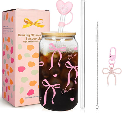 Mason Life Matcha Cup, 18 OZ Cute Glass with Lid and Straw, Matcha Drinking Cup Beer Can Glass for Valentines Day Gift Iced Coffee Smoothie Cocktail Milk Mother's Gifts