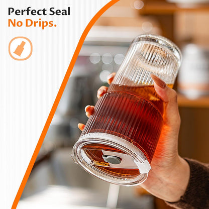 Glass Cups with Lids and Straws 4 Pack, 20oz Ribbed Glass Cups, Leak Resistant Iced Coffee Tumblers, Thick Reusable Drinking Glasses, Fits Car Cup Holder, Clear Coffee Bar Accessories