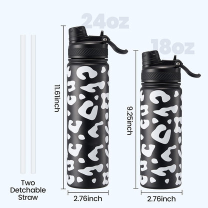 Fijinhom 18 oz Insulated Water Bottle, 2-in-1 Straw and Spout Lid Stainless Steel Thermos, Leak-Proof, Double Wall Vacuum Flask, Keep Cold 24H for Outdoor, Sports, Travel, School (Black)
