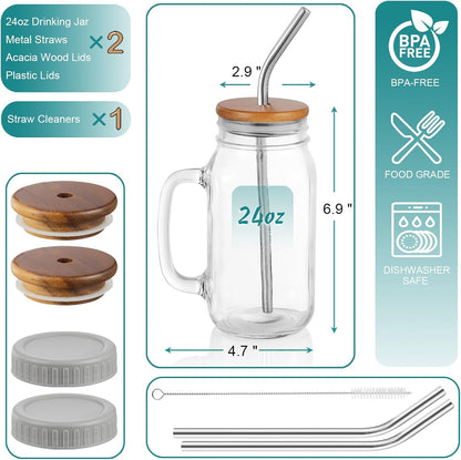 DRASTAR Iced Coffee Cup, 16 oz Mason Jar Cups with Handle, Small Glass Coffee Mugs with Straws and Acacia Lids, Drinking Glass Cups Set of 2, Smoothie, Overnight Oats Containers