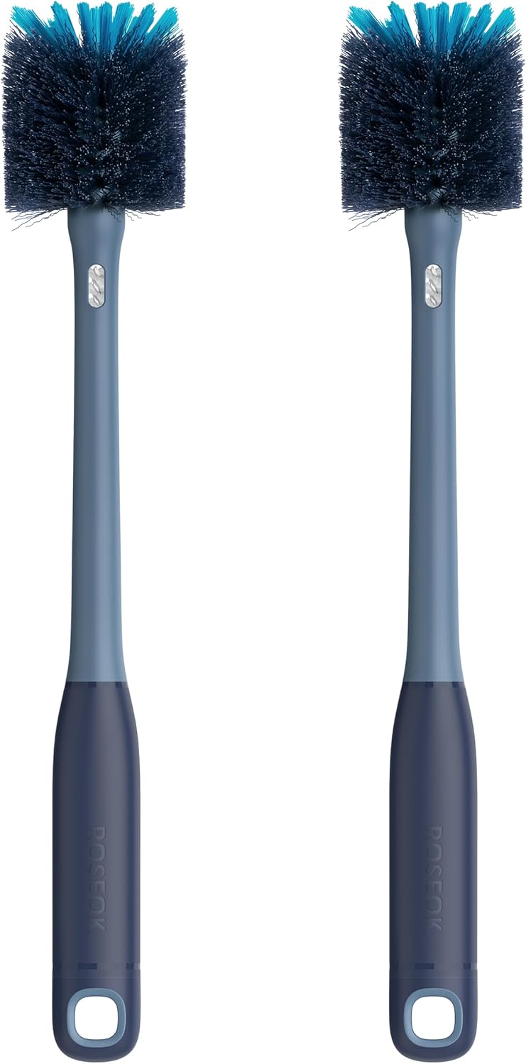 ROSEOK 2 in 1 Long Handle Bottle Brush with Straw Brush for Cleaning Glass, Sports Bottle, Coffee Mug,Navy Blue,1 Pack