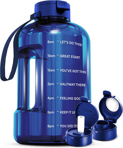 AQUAFIT 64 oz Water Bottle with Time Marker - Straw & Chug Lid - BPA Free Half Gallon Gym Water Bottle with Handle - Big Gallon Jug (Gray, 64 Ounces)