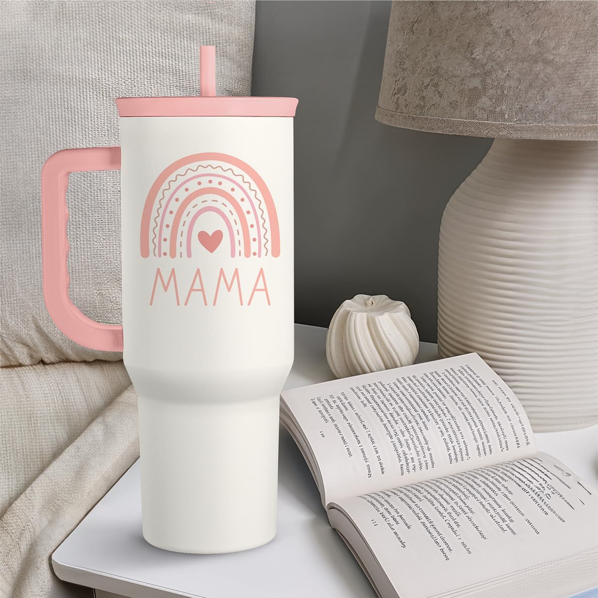 Floral Tumbler with Handle 40oz, Stainless Steel Insulated Tumblers Coffee Travel Mug Cup with Straw, Flower Coffee Cup Gifts for Women Girls, Gift for Her on Christmas Birthday Mothers Day