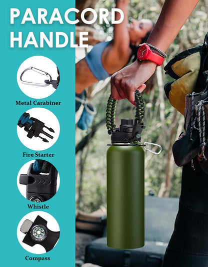 32/40/64OZ Insulated Water Bottle - Keep Cold 48H Hot 24H, Combo Straw/Spout Lids, Paracord Handle for Gym/Hiking, Carrier Bag +Strap, Cup Mat, BPA-Free Stainless Steel Flask Jug