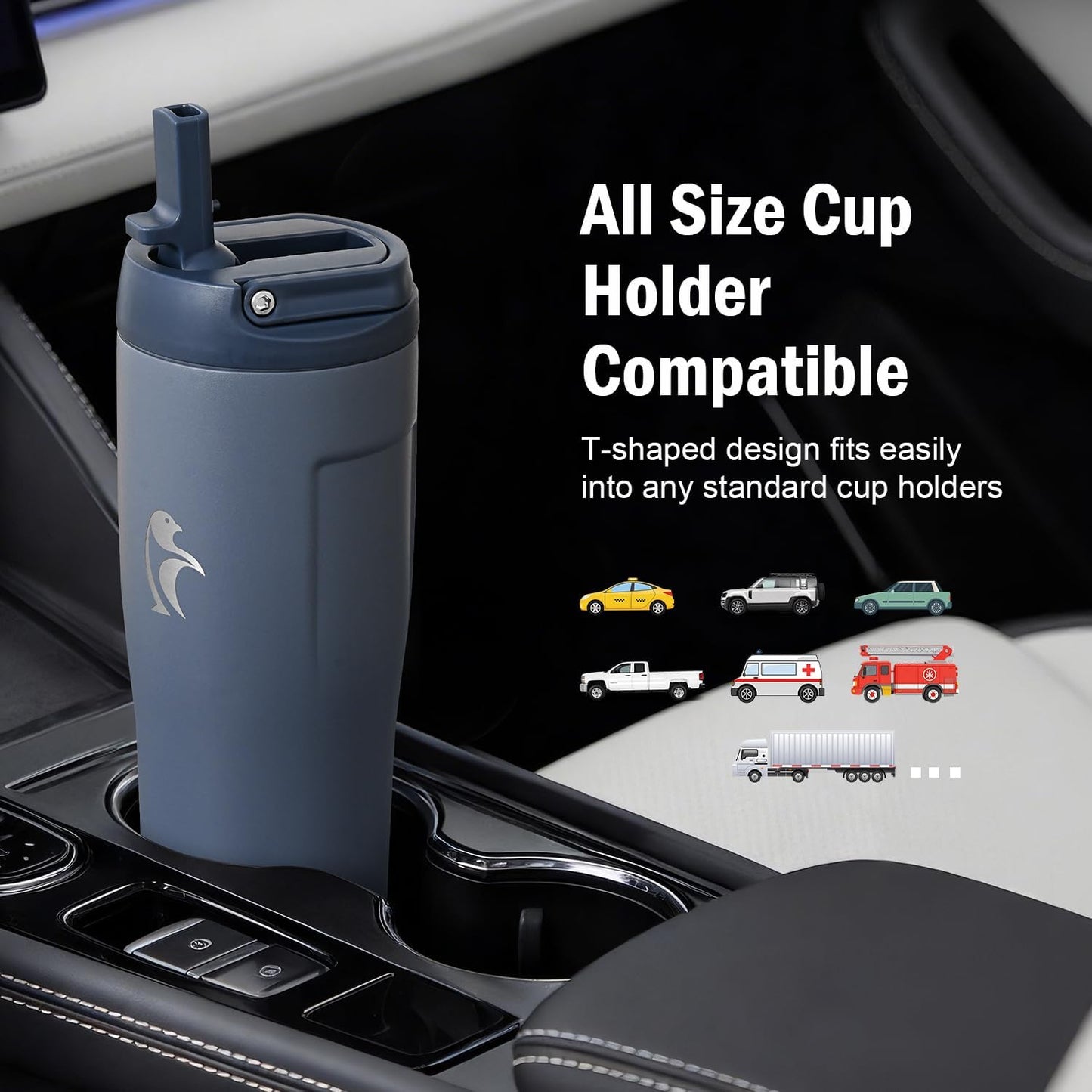 Coolflask Water Bottle 40 oz Fits Car Cup Holder, Slim Tumbler Stainless Steel with Straw & Handle, Vacuum Flask Leakproof Wide Mouth for Travel Sports Gym, Black