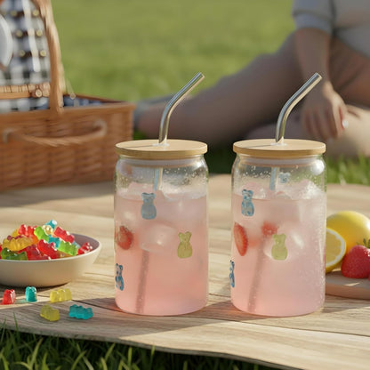 Honeydak 2 Pcs Icon Juice Glass Tumbler with Lid & Straw - 18 oz Cloud and Sun Icon Can Shape Glass Cups Coffee Juice Beer Soda Drinking Cup for Summer Halloween Christmas Party Supplies Gift
