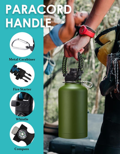 32/40/64OZ Insulated Water Bottle - Keep Cold 48H Hot 24H, Combo Straw/Spout Lids, Paracord Handle for Gym/Hiking, Carrier Bag +Strap, Cup Mat, BPA-Free Stainless Steel Flask Jug
