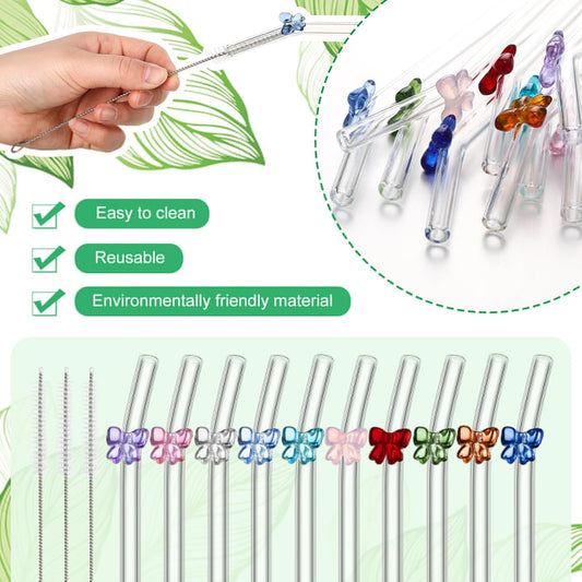 Meanplan 10 Pcs Cute Reusable Glass Straws with Design,8 mm x 7.9'' Shatter Resistant Butterfly Bow Clear Bent Glass Straw with Cleaning Brush for Drink Party Milkshakes Juice (Mixed Color)