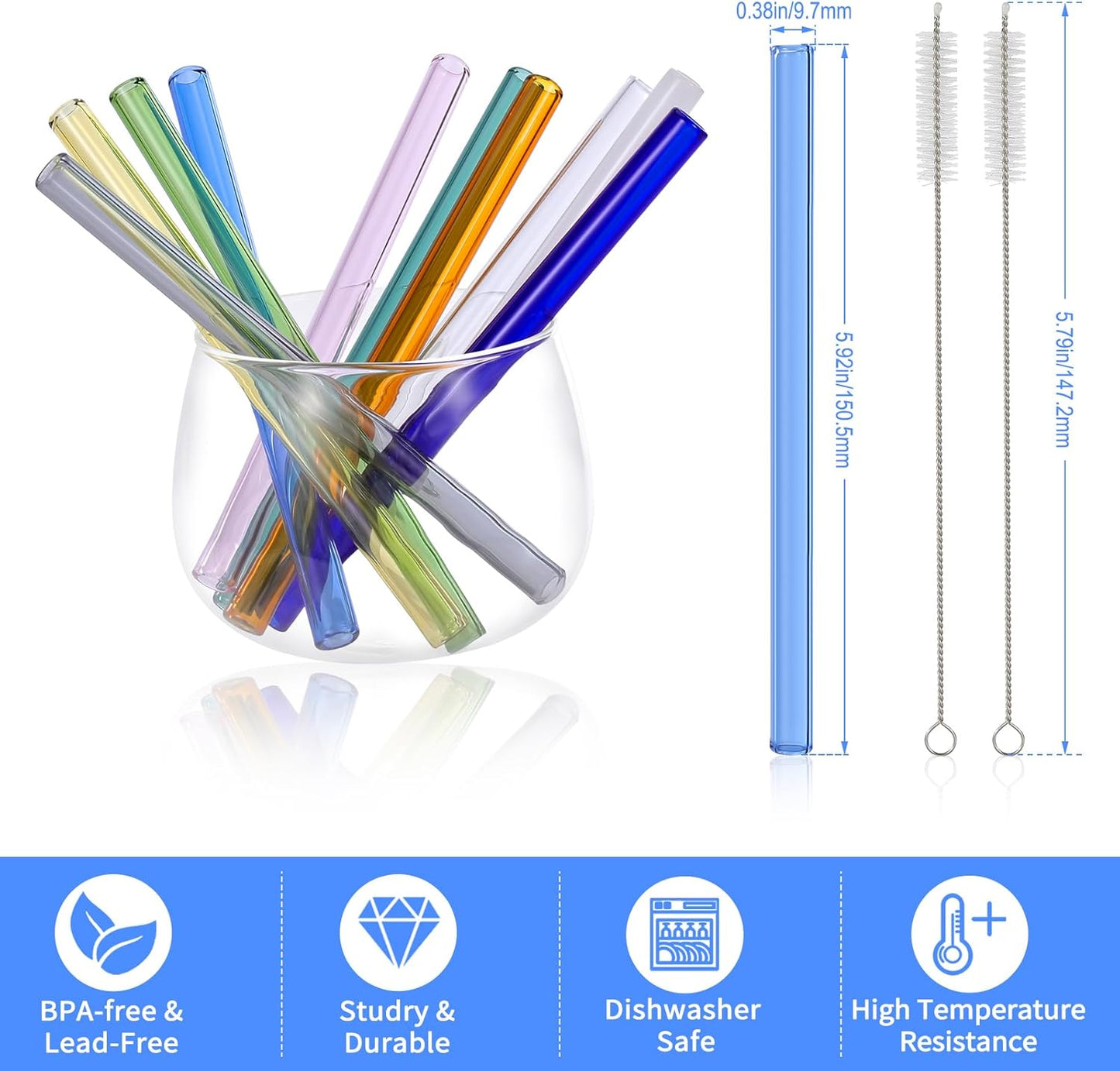 10 Pcs Reusable Bent Short Glass Straws,6''x8 mm Colorful Glass Straws Shatter Resistant with 2 Cleaner Brush for Short Tumblers,Whiskey&Cocktail Glasses Cups,Coffee Mugs