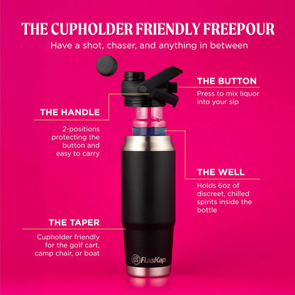 Flaskap FreePour System: 6oz Mixed Drink Tumbler Attachment and 26oz Cup Holder Friendly, Stainless Steel Water Bottle, Removable Hidden Flask Reservoir