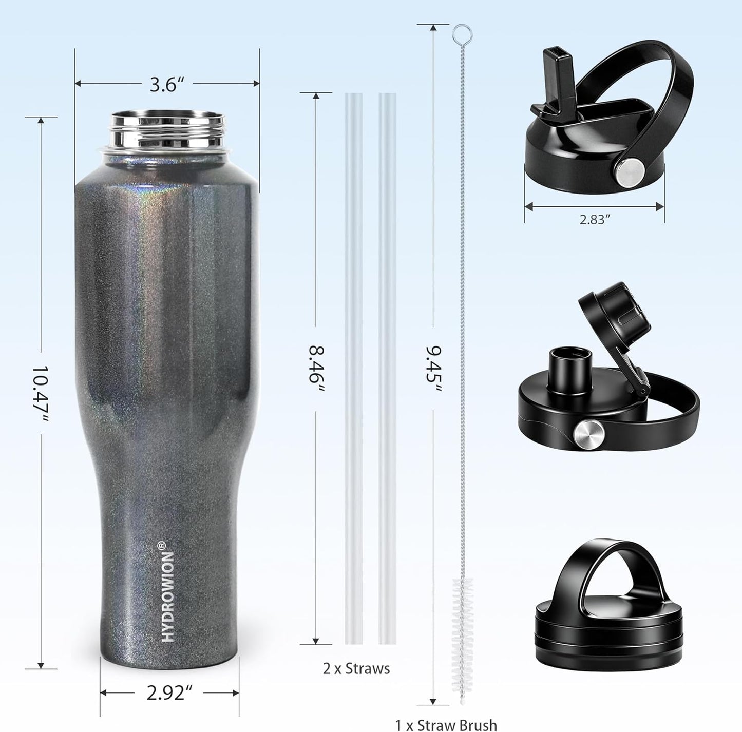 HYDROWION 32oz Stainless Steel Water Bottle(Cold for 48 Hrs, Hot for 24 Hrs),Double Wall Vacuum Insulated Water Bottle with Straw Lid, Spout Lid and Flex Cap, Fit in Any Car Cup Holder,Black