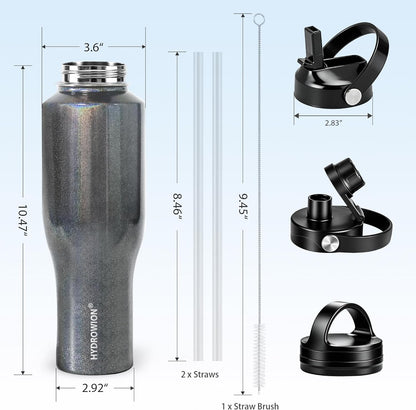 HYDROWION 32oz Stainless Steel Water Bottle(Cold for 48 Hrs, Hot for 24 Hrs),Double Wall Vacuum Insulated Water Bottle with Straw Lid, Spout Lid and Flex Cap, Fit in Any Car Cup Holder,Black
