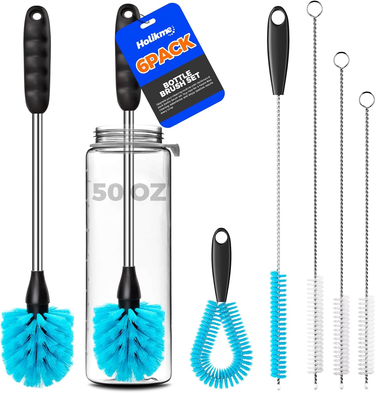 Holikme 6 Pack Bottle Brush Set, 14.5" Long Handle Stainless Steel Bottle Cleaner Brush, Long-Handled 6-in-1 Stainless Steel Bottle Brushes for Water Bottle, Cups, Abrasive Wheel Brushes, Blue