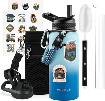 WixByti 40 oz Insulated Water Bottle with Straw (Cold for 36 Hrs), Stainless Steel Triple Wall Vacuum Sports Water Jug, Leakproof Hydro Cup Flask with Paracord Handle & Straw Spout Lids & DIY Stickers
