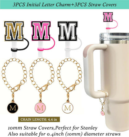 （3 +3) 3PCS Nuozme Straw Cover 10mm For Stanley Tumbler Cup Reusable Straw Cap Topper with 3 Initial Letter Charms Accessories Name ID Personalized Handle Charm For Stanley 30&40 Oz Cup Tumbler - Colors B