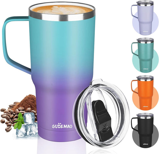 20 oz Insulated Coffee Mug with Ceramic Coating, Stainless Steel Travel Mug Tumbler with Handle Lid and Straw, Double Wall Leak-Proof Coffee Travel Mug Keeps Drink Hot and Cold (Black)
