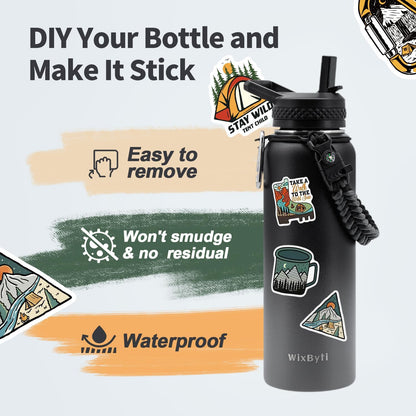 WixByti 40 oz Insulated Water Bottle with Straw (Cold for 36 Hrs), Stainless Steel Triple Wall Vacuum Sports Water Jug, Leakproof Hydro Cup Flask with Paracord Handle & Straw Spout Lids & DIY Stickers