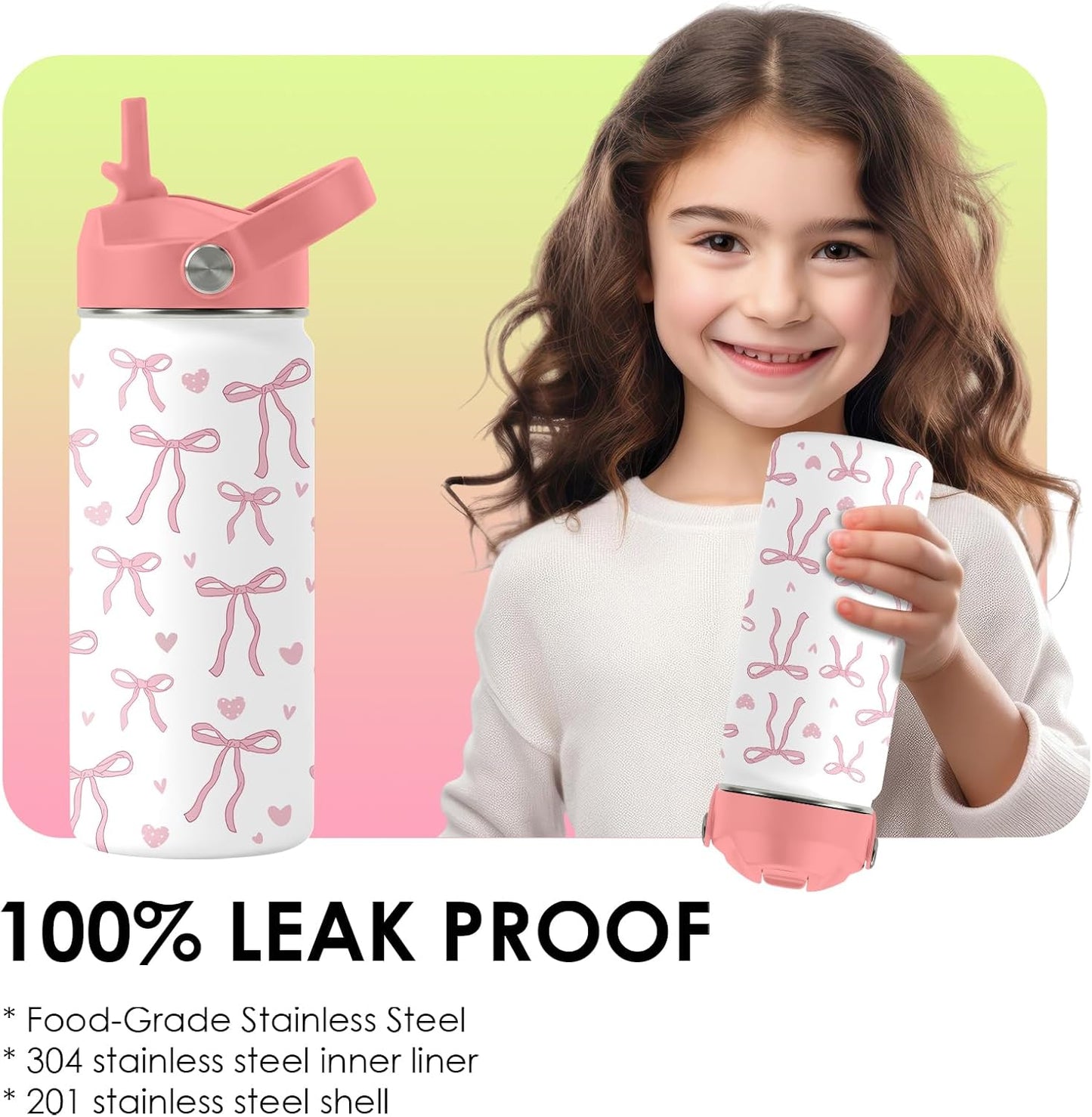 Strawberry Gifts for Kids - 16oz Pink Kids Water Bottle with Straw Lid, Stainless Steel Insulated Water Bottle, Leakproof, BPA-Free, for Girls, School, Strawberry Lover Children Birthday Gift Cup(1pc)