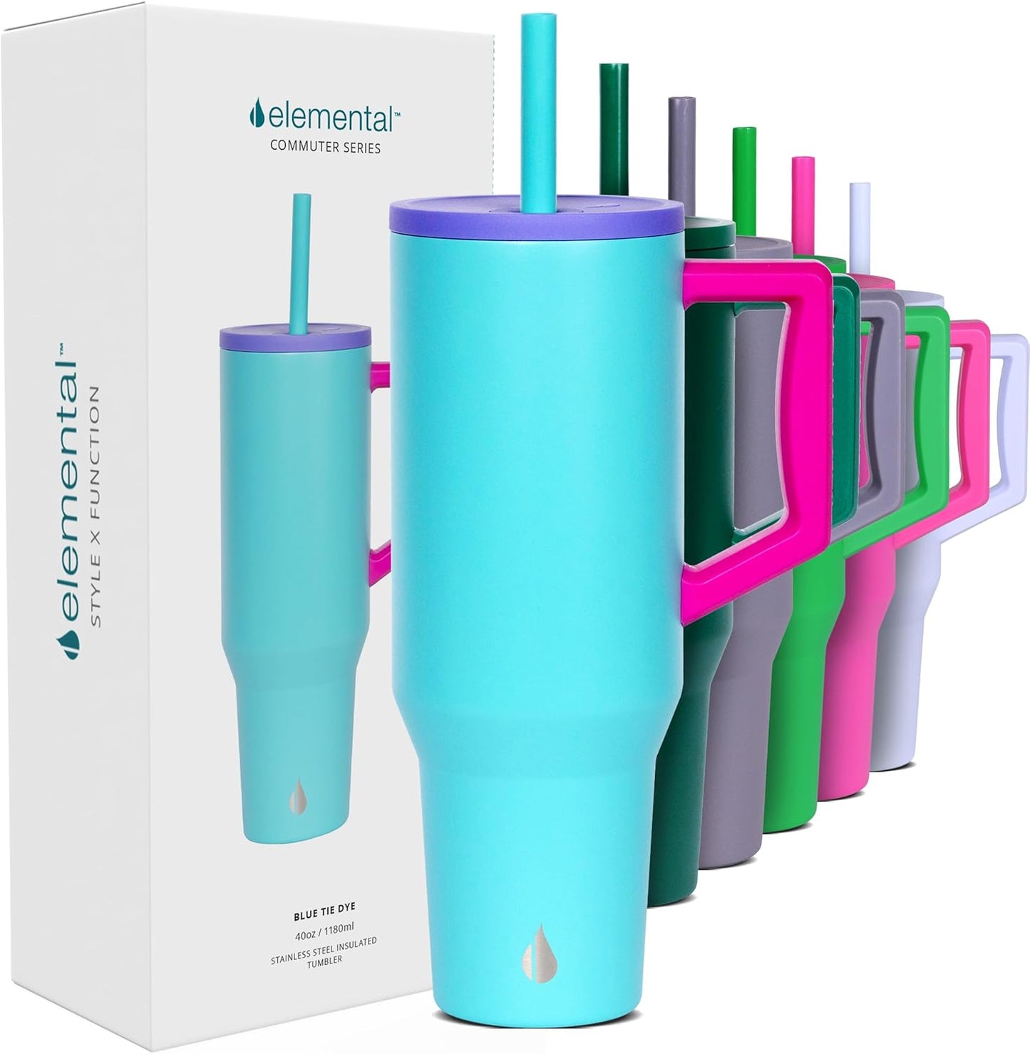 Elemental 32 oz 100% Leak Proof Tumbler with Handle & Straw - Stainless Steel Double Wall Insulated Tumbler for Hot and Cold Beverages - Travel Coffee Mug with Sip & Straw Lid - White - Colors B