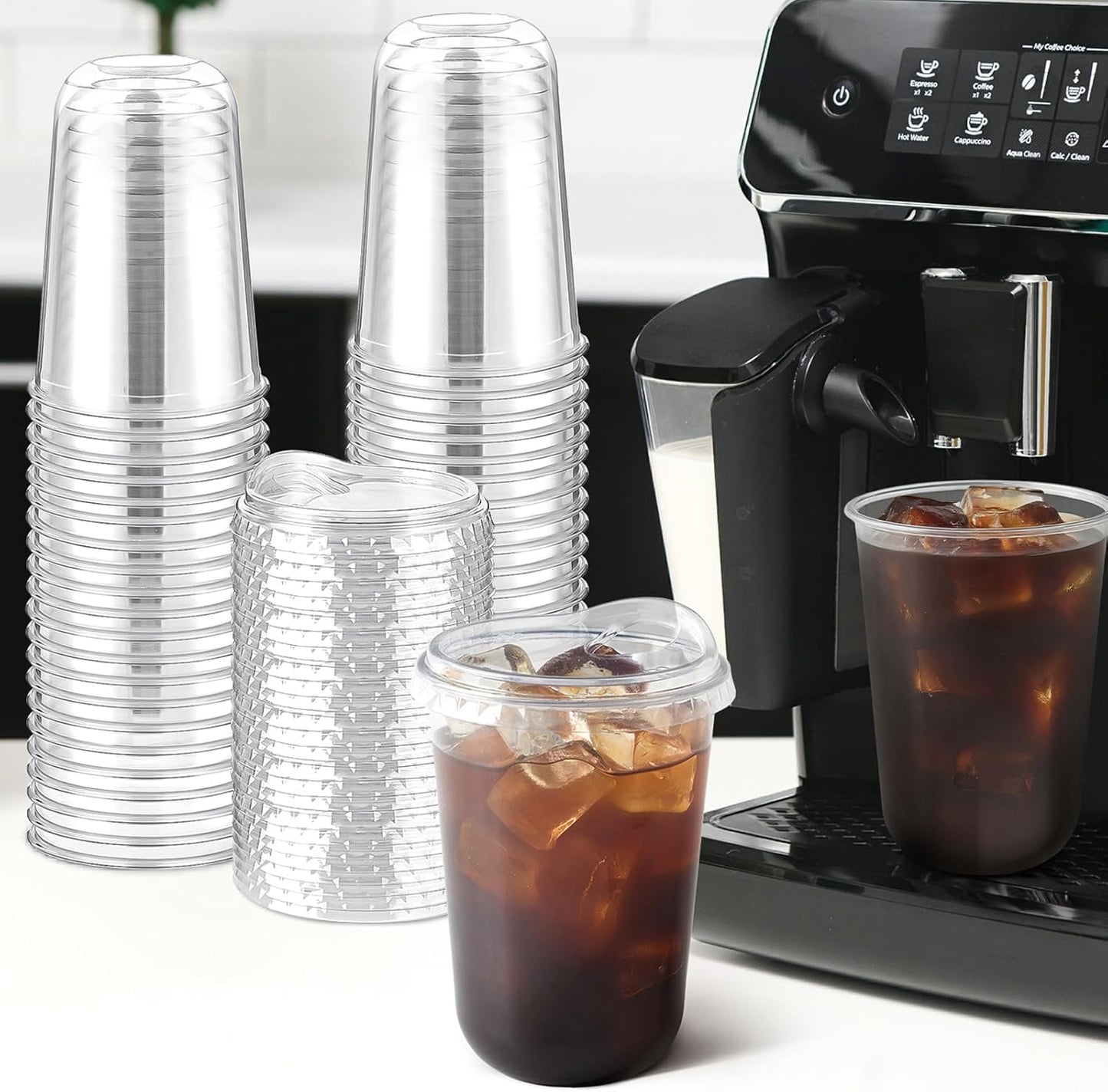 Round Bottom Clear Plastic Cups with Sip Lids, 50 Sets, 16 Oz Disposable Iced Coffee Cups with Strawless Lids To Go Cold Drink Cups for Smoothies, Juices, Party Catering