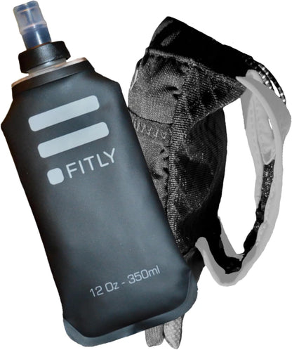 FITLY Running Handheld Water Bottle 12 oz Soft Flask - Hand Water Bottle For Runners, Hiking, Skiing & Outdoor Activity - Fits F2, F2, F3 & F4 Collapsible Flask - Hydration Holder with Pocket