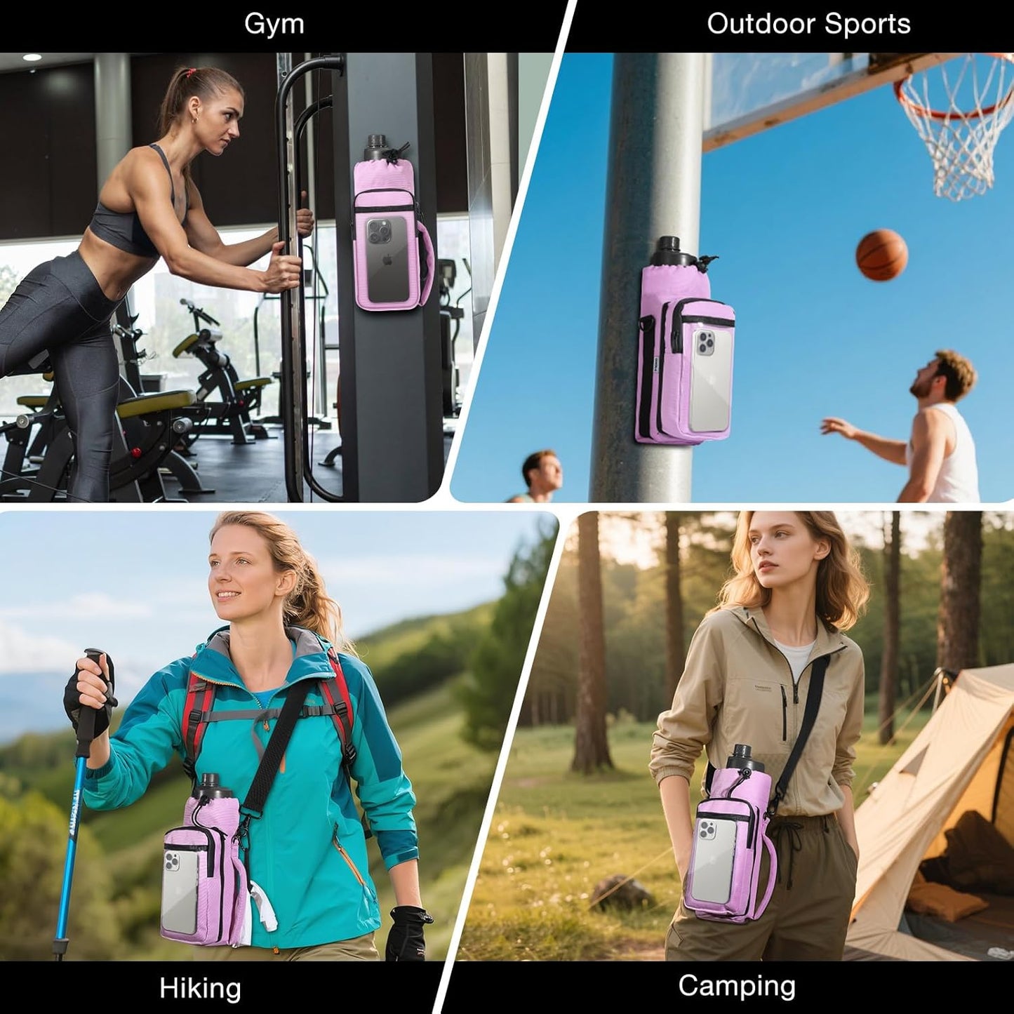 MoKo Magnetic Gym Bag, Magnetic Water Bottle Holder with Clear Phone Pouch, Built-in 4 Magnets Fitness Bag for Men and Women Compatible with Most Water Bottles, Gym Accessories Gifts, Black