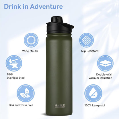 HASLE OUTFITTERS 32 oz Insulated Water Bottle Stainless Steel Double Walled Vacuum Sports Water Bottle with 2 Lids (Straw and Spout Lid) for Gym Camping Hiking(Black,1)
