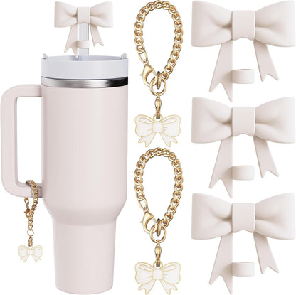 Compatible with Stanley Cup Accessories - 3Pcs 10mm Bow Straw Topper Compatible with Stanley Cup Straw Cover Cap, 2pcs Pink Bow Charms for Stanley 30&40 Oz Tumbler with Handle