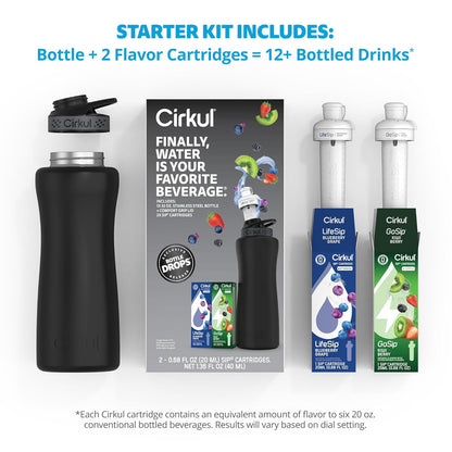 Cirkul 32oz. Chameleon Stainless Steel Water Bottle Starter Kit with Green Lid, 2 Flavor Cartridges (1 LifeSip Blackberry Blueberry, 1 GoSip Berry Blue Punch) No Sugar, Zero Calorie Drink Mix